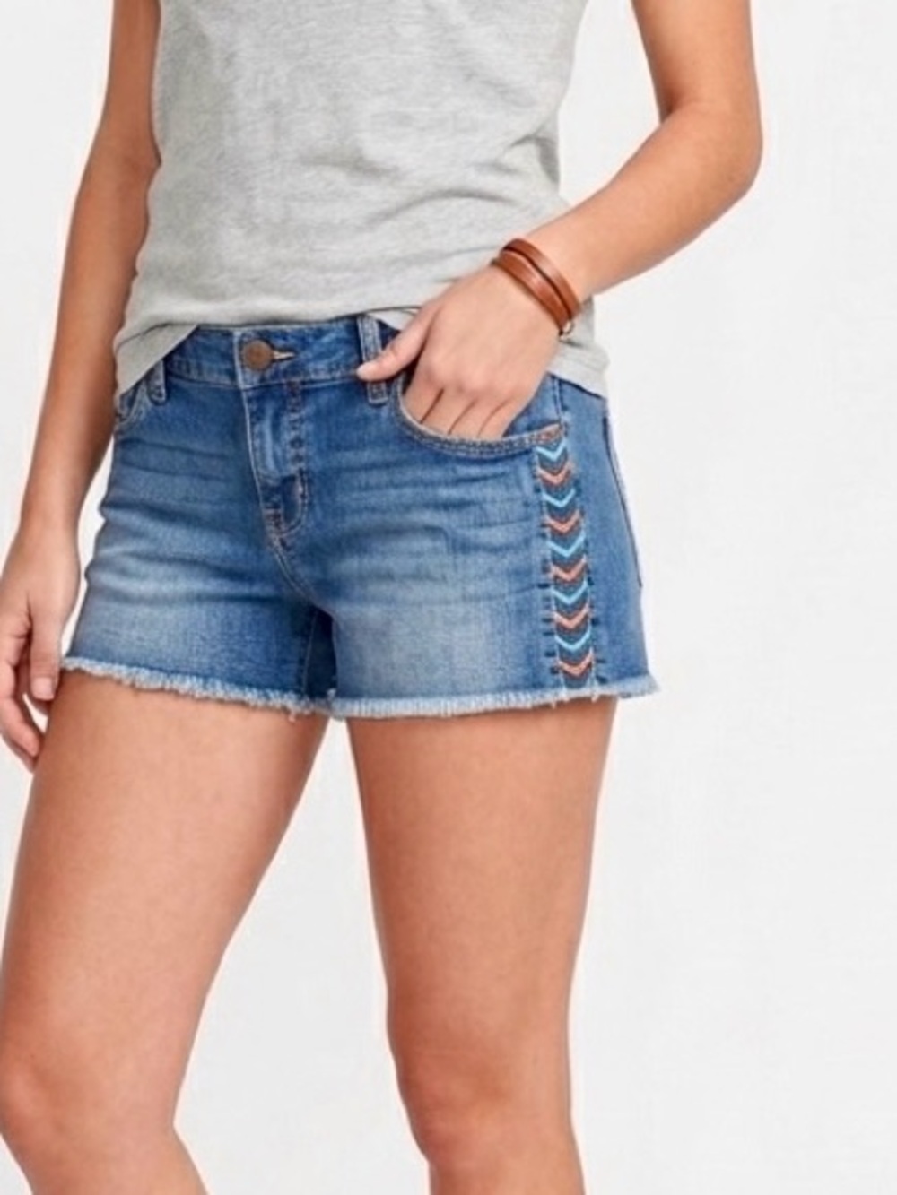 FIRE LOS ANGELES Boho Blue Jean Shorts w Chevron Embroidery
